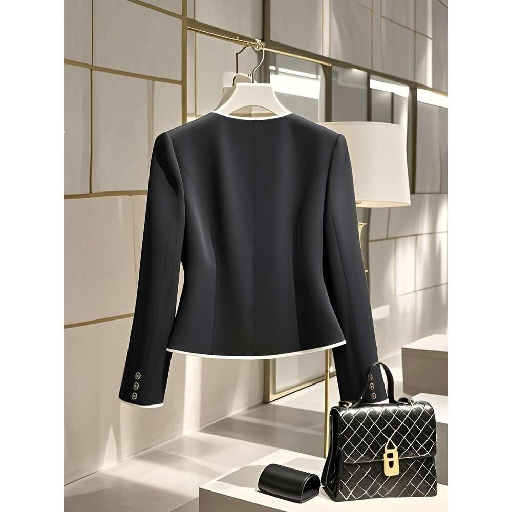 Elegant Jacket Formal To Casual Long Coat With Accent Structured Non Stretch Blazer Hine Washable All Season Outerwear For Office Party Everyday Black
