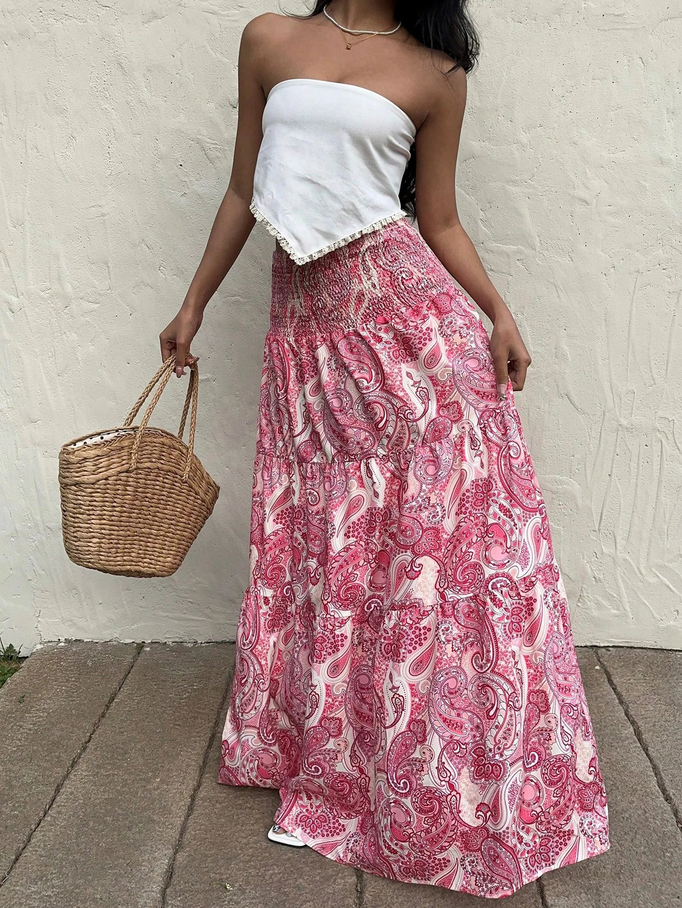 Vacation Style Stretchy Waist Long Maxi Skirt Flowy Beach Skirt with Elastic Waistband 251028
