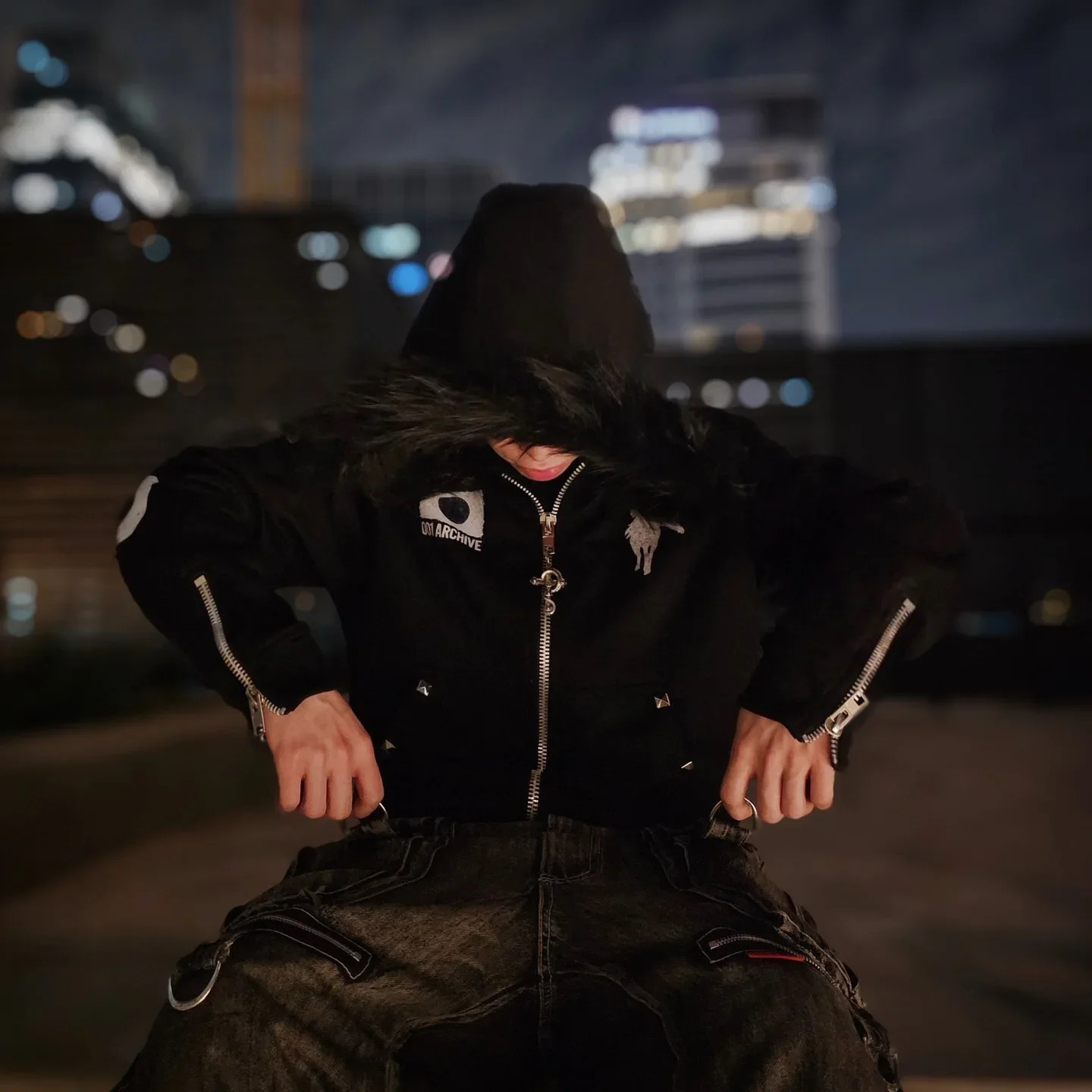 Y2K Japan Harajuku streetwear European youth rivet fashion wool pullover mens city casual hooded hiphop printed sweatshirt coat 251028