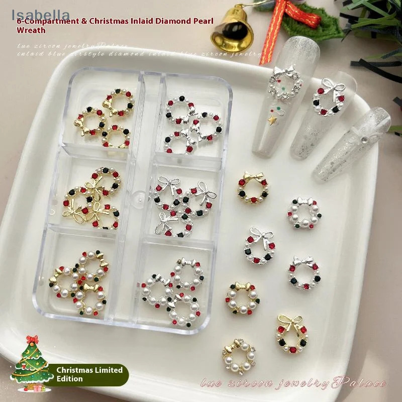 3D Christmas Wreath Alloy Inlaid With Diamonds And Pearls DIY Wearable Nail Rhinestones 251027