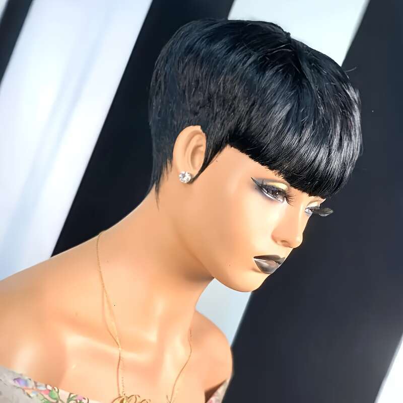 Women's Human Hair Wig - Bury Deep Red 150% Density High Volume Straight Pixie Cut With Neat Bangs Rose Net Cap Secure Fit Everyday Formal Events