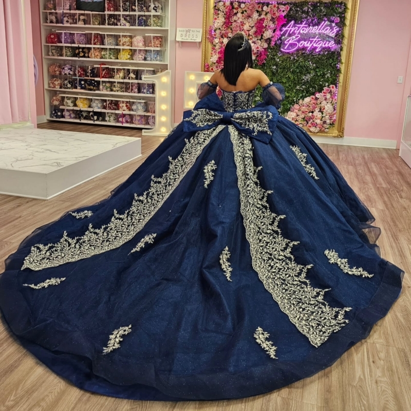 Navy Blue Shiny Quinceanera Dresses Off The Shoulder Applique Beading Crystal Bow Tull Party Birthday Sweet 16 Dress Vestidos 15 Anos