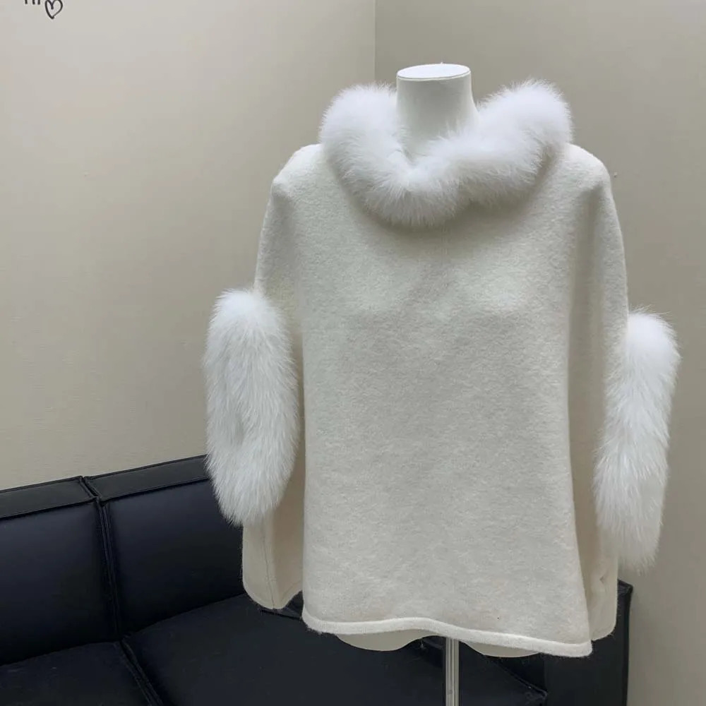 Autumn Women Knitted Poncho With Real Fox Fur Collar Cuff Fashion Casual Genuine Wool Warm Pullover shawl 251029
