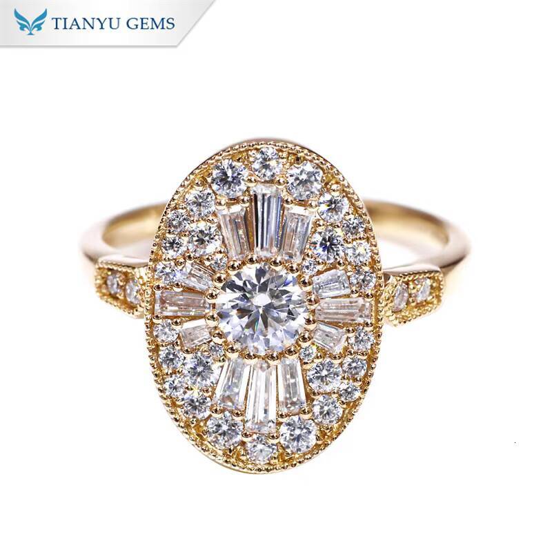 Tianyu Gems 45mm Round and Trapezoid Cut Moissanite 10k14k 18k Yellow Gold Antique Style Jewelry Rings for Women Engagement