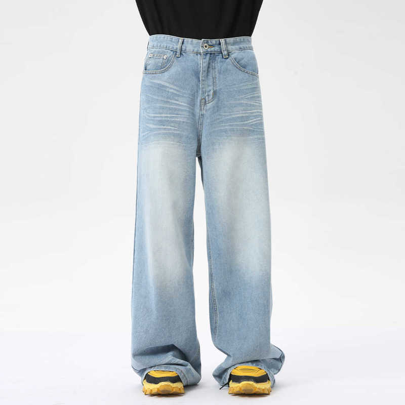 Men's Jeans Man Spring/Summer New American Style Washed Crease Design Vintage Light Blue Jeans