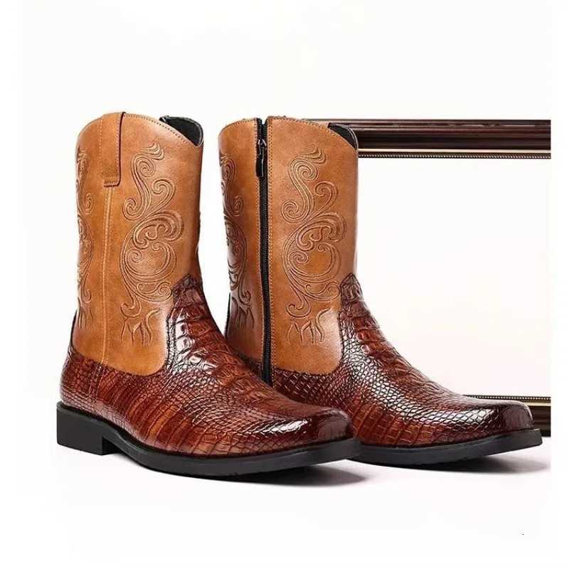 Classic Mens Boots British Retro Riding Boots Man Embossed Leather Embroidery Knight Boots MidCalf Style Casual Shoes Man New Z251029