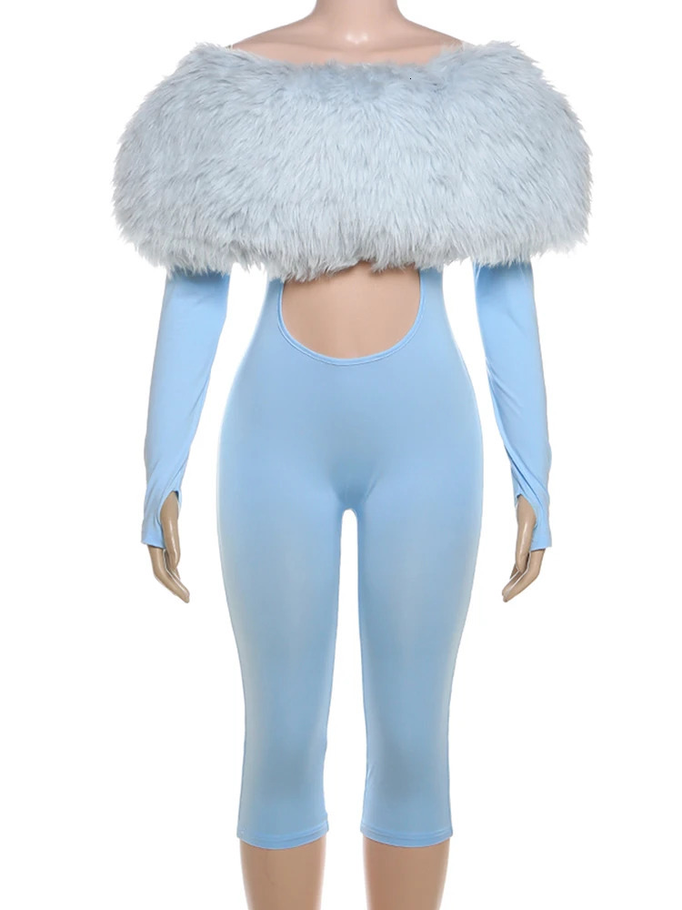 Nibber Furry Patchwork Jumpsuit Woman Slash Neck Sexy Hollow Full Sleeve Backless Slim Peach Hip tie Street Fashion Overalls 251028