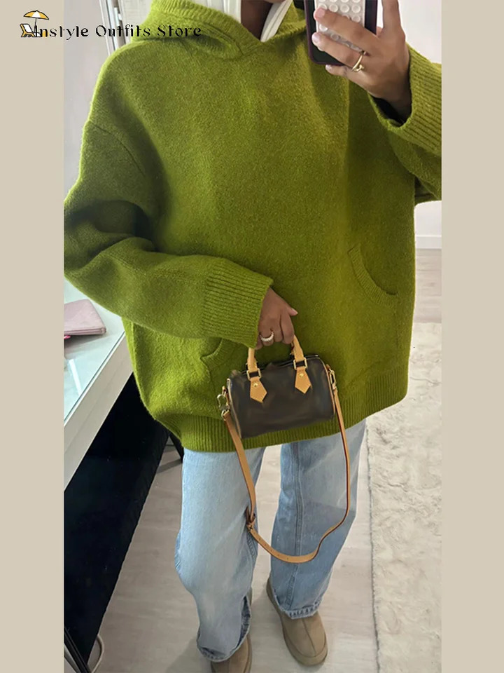 Casual Hooded Sweater Pullover Womens Loose Full Sleeves Knitted Coats With Pockets Autumn Winter Ladies Solid Outwear 251027