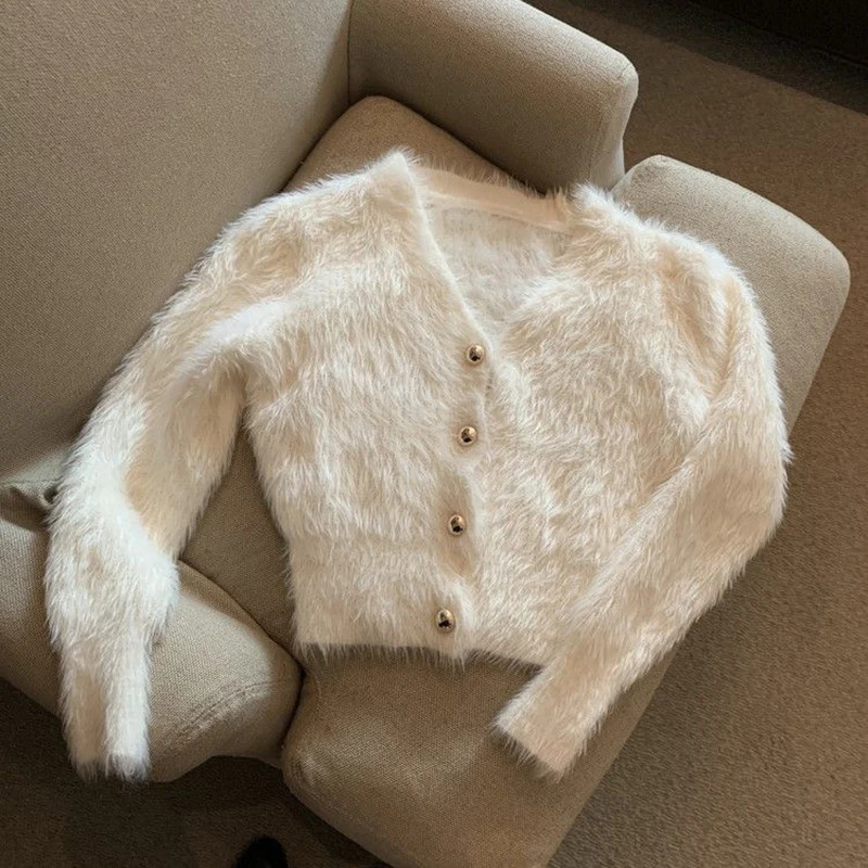 Vintage Cropped Mohair Knitted Cardigan Women V Neck Sweater Coat Streetwear Korean Black White Knitwear Solid Slim Jumpers 251028