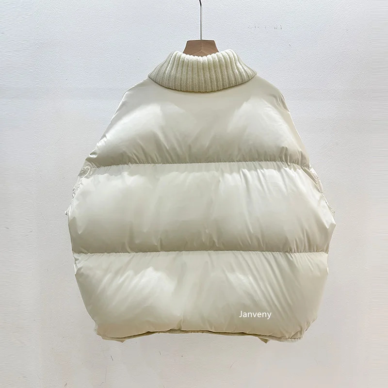 Winter Knit Half Polo Turtle Neck Cropped Puffer Jacket Women Thicken Warm Zipper Up White Duck Down Bread Coat 251023