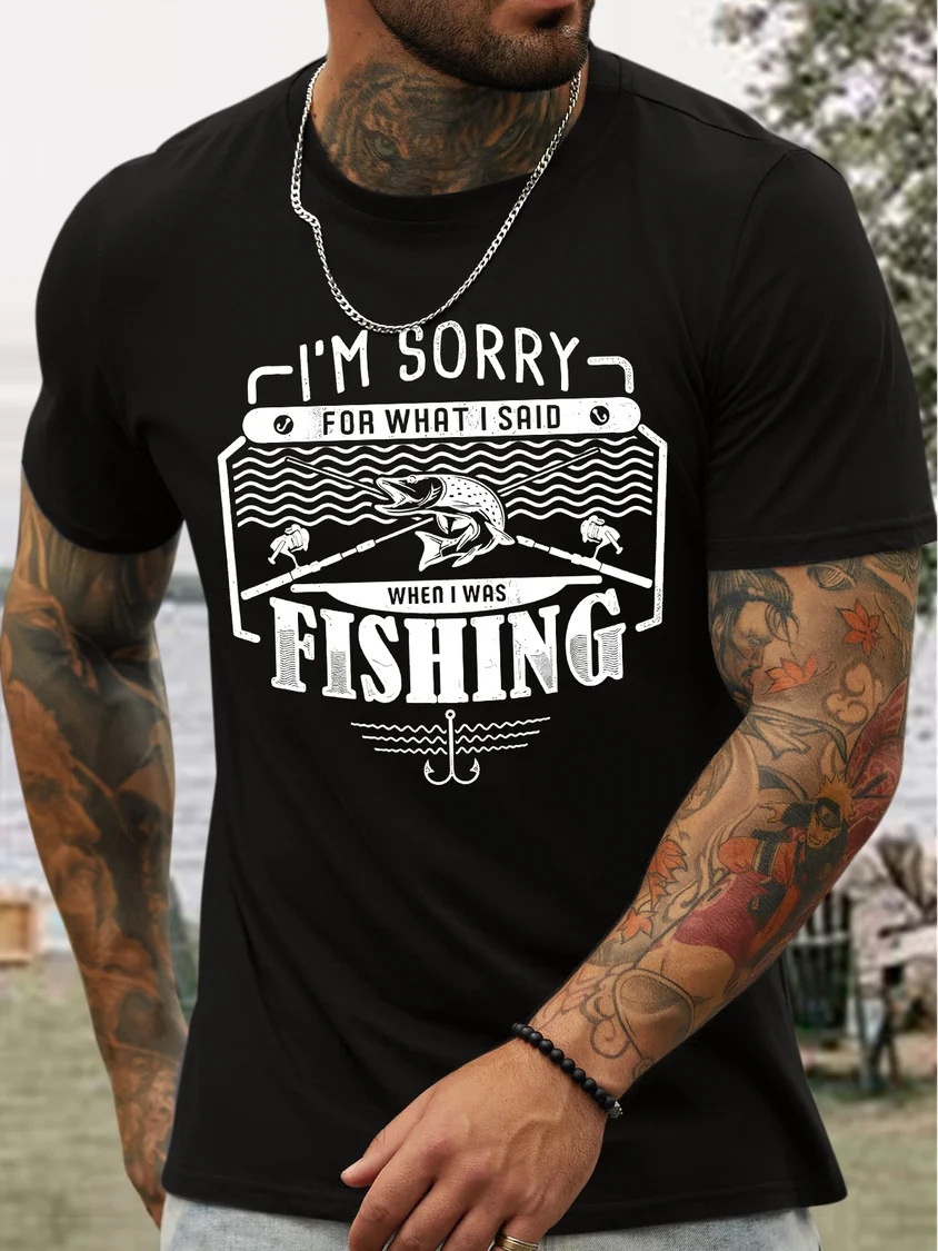 European & American Oversized Men's Fishing-Themed Fun Cotton Casual Crewneck Letter T-Shirt - TT7379