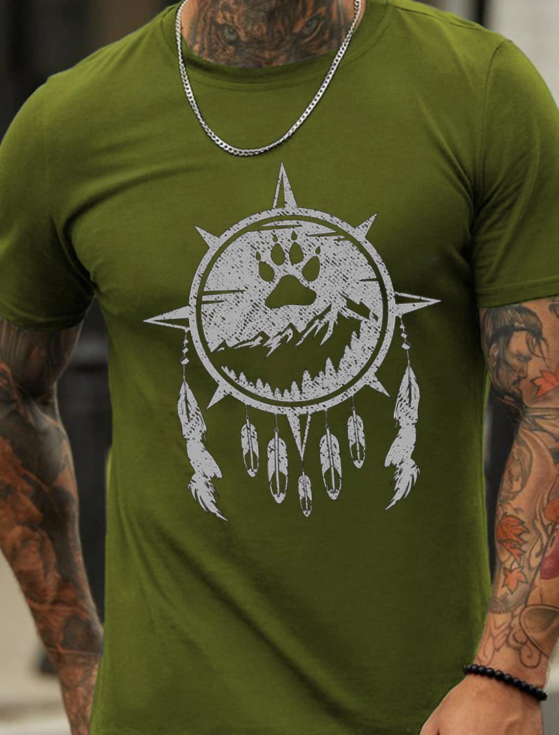 European & American Oversized Bear Paw Print Mountain Wind Chime Floral Pattern Men's Cotton Summer T-Shirt - TT7250