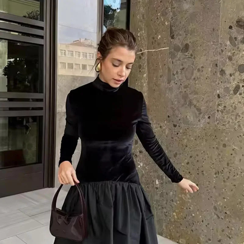 Fashion Velvet Patchwork Maxi Dress Women Elegant HalfHigh Collar Evening Party Vestidos Long Sleeve Black Dresses 251027