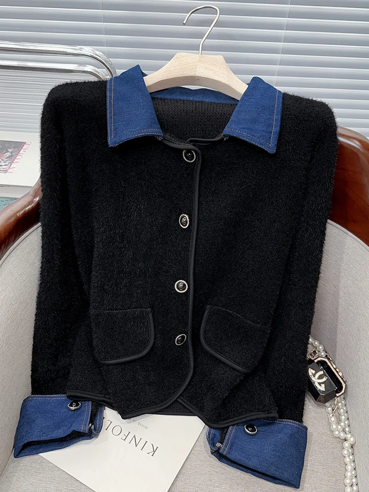 Aoaiiys Contrast Color Cardigan Women Turndown Collar Long Sleeve Coat Denim Spliced Knitted Cardigan Coats Autumn Winter 251029