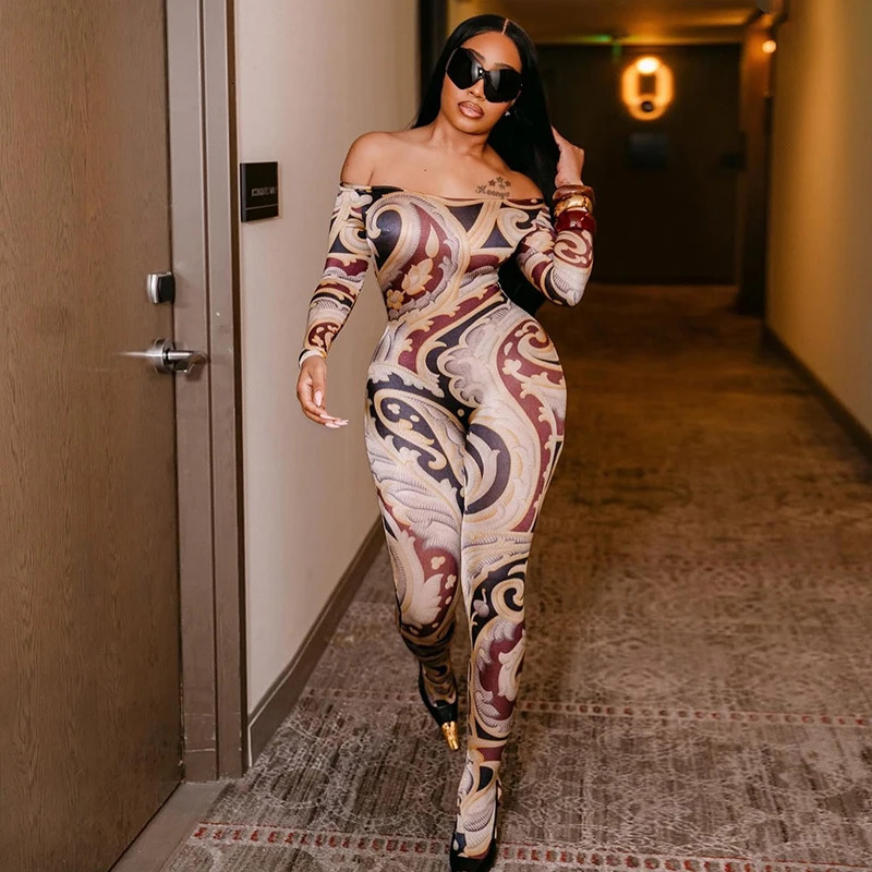 CUTENOVA Fall Colorful Printed WomenS Jumpsuit OneShoulder Strapless Long Sleeves Slim Fit Elastic Ankles Female 251028