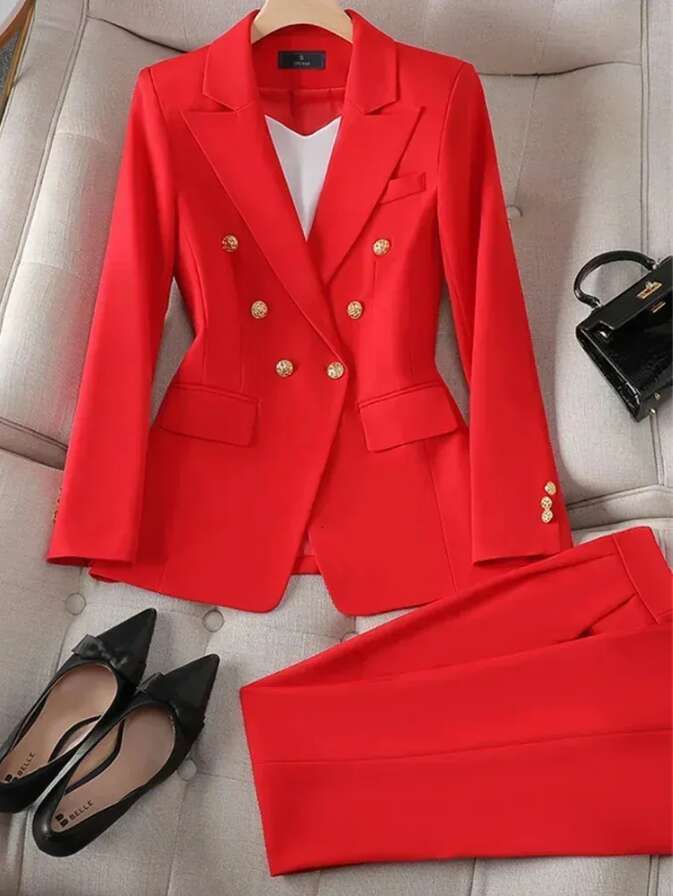 Elegant Office Womens Two Piece Set Double Chest Long Sleeve Jacket Loose Casual Pants