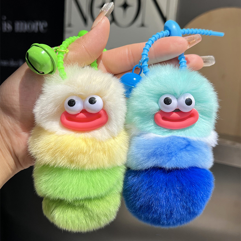 Adorable Caterpillar Rabbit Fur Plush Keychain Doll Car Accessory Backpack Charm Gift