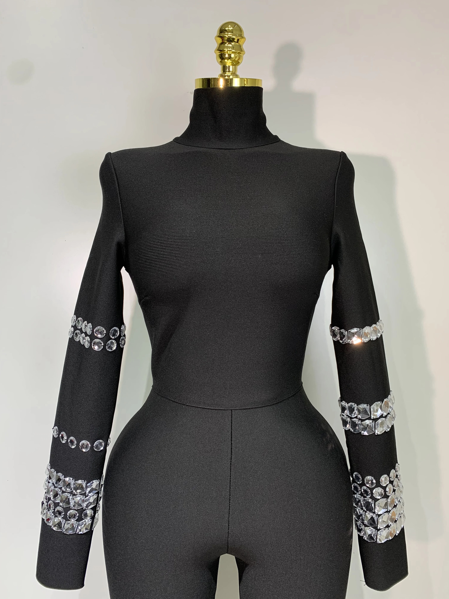 Sparkly Diamonds Long Sleeve Black Bodycom Bandage Jumpsuit Fashion Woman Party Outfit Nightclub Performance Costume 251027