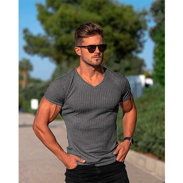 Men's Summer Sports Fitness Casual Solid Color V-Neck Short Sleeve T-Shirt