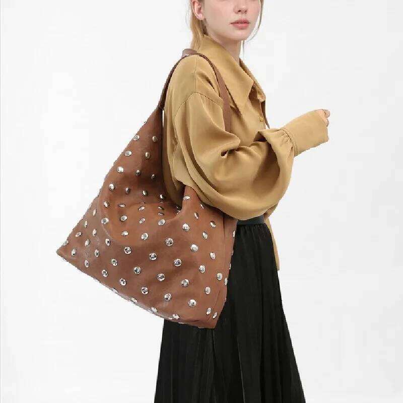 Fashion Hollow Rivet Large Capacity Tote Bag Hobos Women Handbags Soft Pu Leather Shoulder Bags Trend Big Shopper Purses