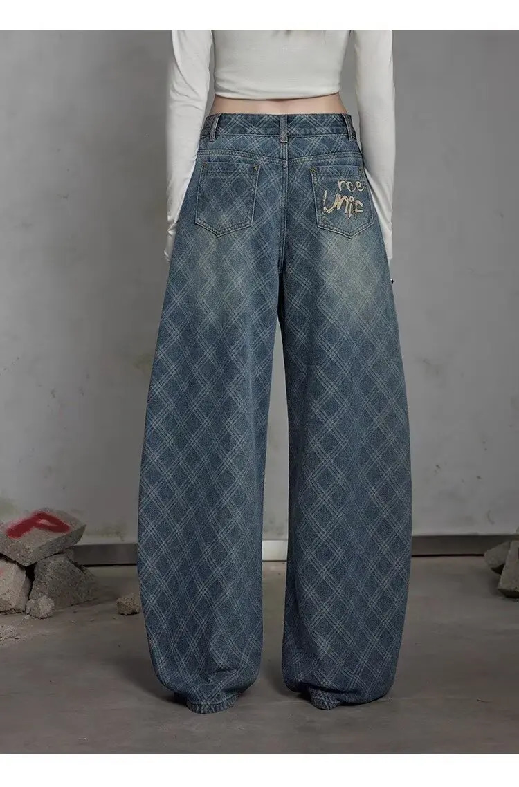 Grid Jeans American Casual Style Vintage Straightcut Loosefitting Highstreet Wideleg Pants Y2k Baggy Jeans Ladies Jean Woman 251029
