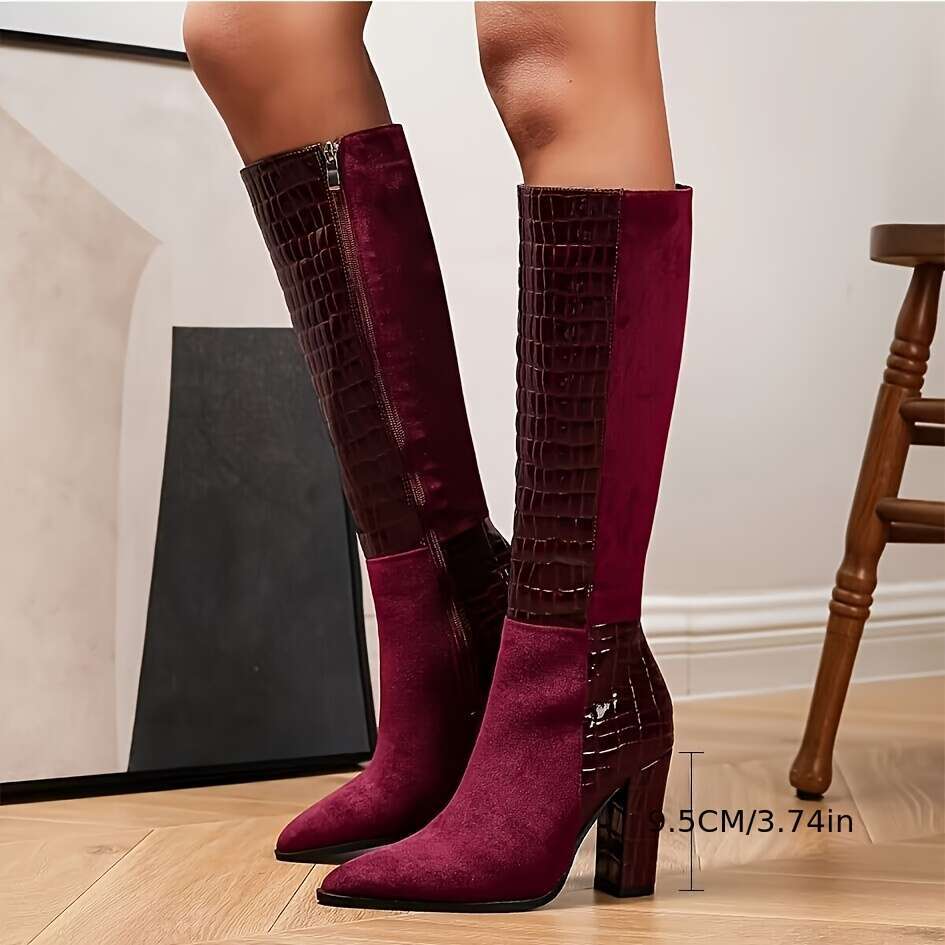 Women's Pointed Toe Knee-High - Faux Cover, Wine Lined, Zipper Closure, Ultra-High Heel, Perfect For & Fall, Autumn Winter Footwear Elegant Boot 