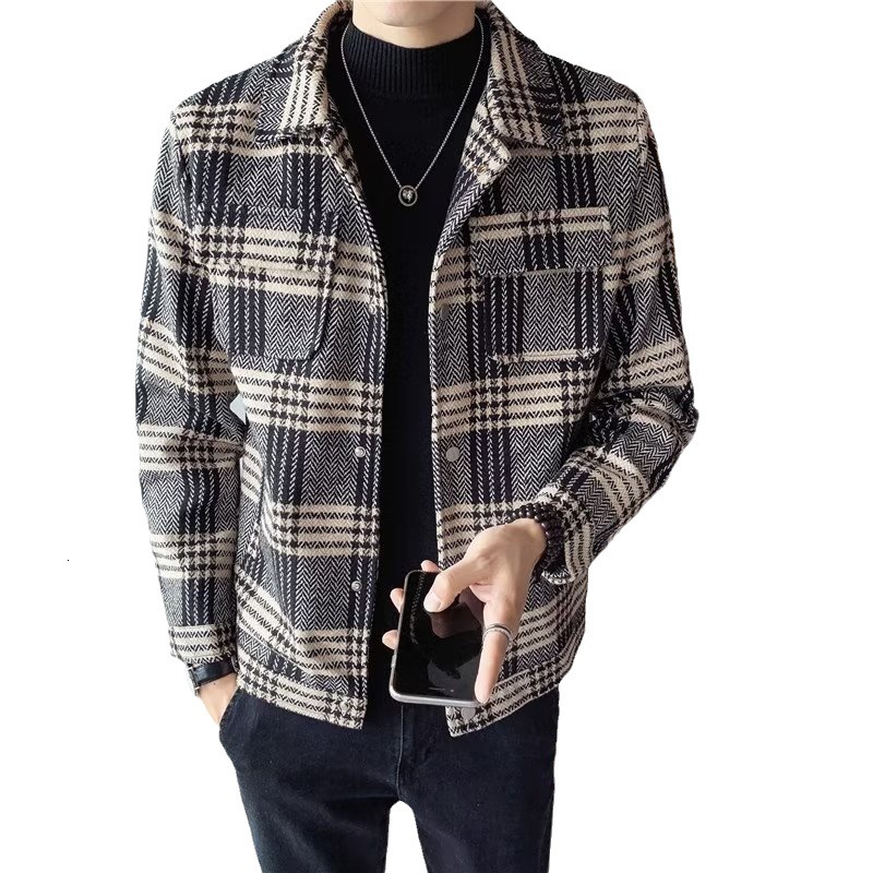 Handsome Plaid Woolen Jacket For Men Spring And Autumn Trendy Slim Fit Stylish Designer Jacket Trench Coat With Turn-down Collar Short Woolen Coat