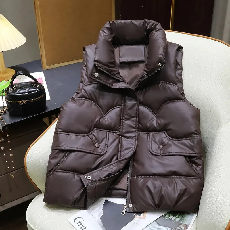 Down Cotton Vest Women 2025 Autumn Winter Fashion Stand Collar AllMatch Warm Sleeveless Waistcoat Jacket Ladies Female Tops 251029