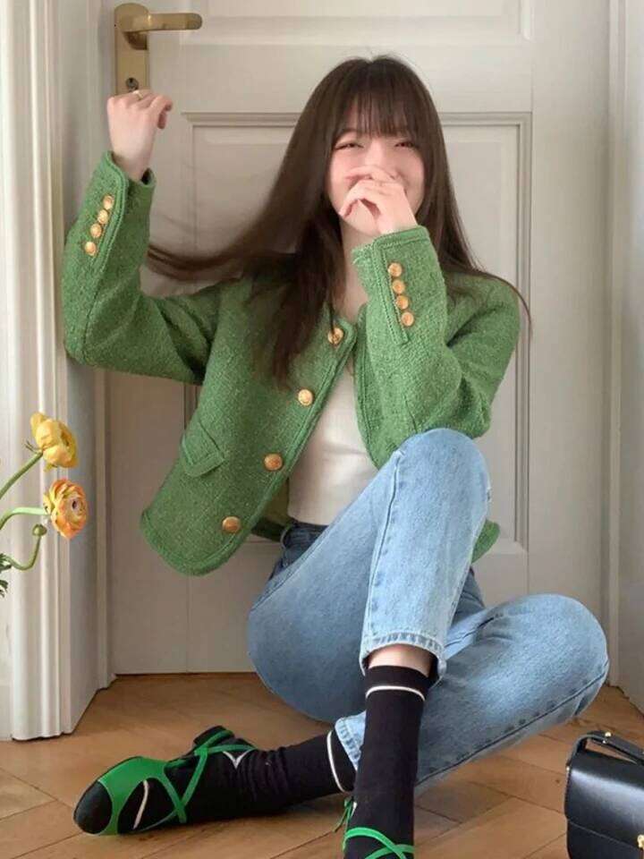 Green Blazer Jacket Woman Fashion Chic And Elegant Aesthetic Autumn Cropped Trend Korean Short Winter Women's Coat 2026Clothes