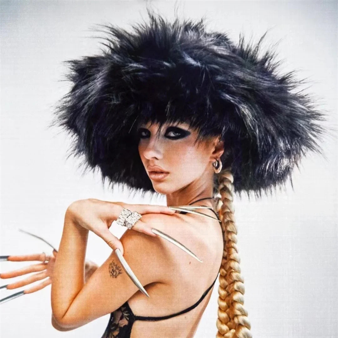 Fluffy Women Faux Fur Bucket Hats Oversized 17cm Wide Brim Thicken Outdoor Warm Plush Punk Hat Girl Y2k Female Ski Panama 251028