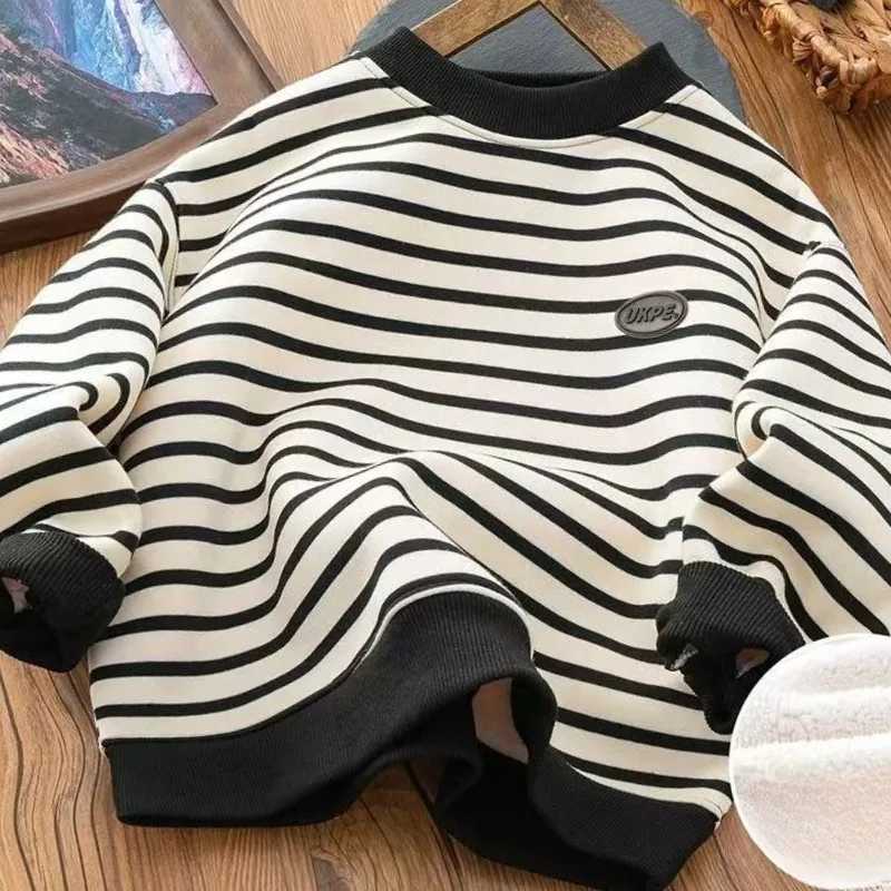 Boys Striped FleeceLined Thickened Long Sleeve Sweatshirt 2025 Winter New Arrival Warm Base Layer MidBig Size TopT251030