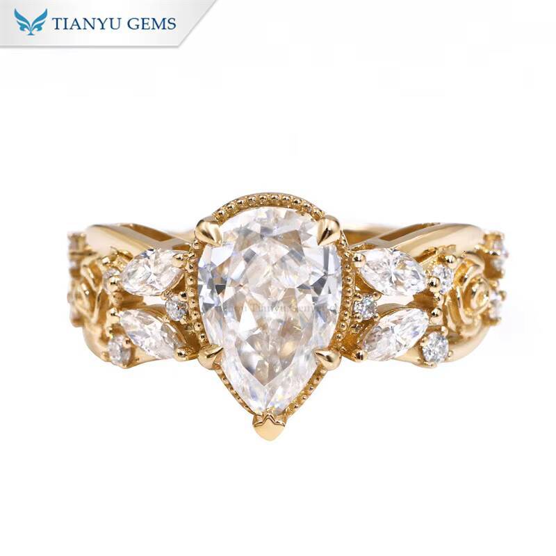 Tianyu Shining 8x12mm 4CTW Pear Cut Moissanite Diamond Solid Gold Rose Band 10K 14K 18K Milgrain Engagement Ring Wedding Gifts