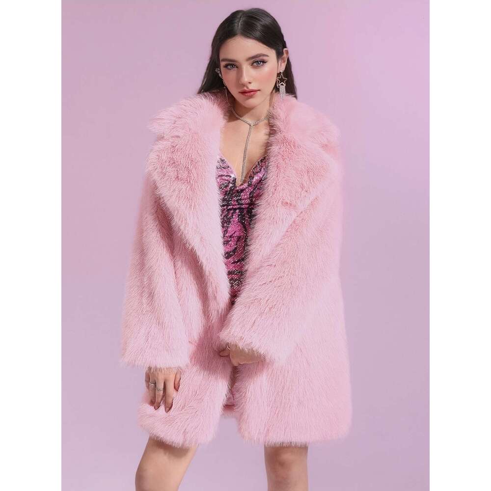 Faux Coat Women S Plus Size Faux Fur Coat Elegant Solid Color Polyester Long Sleeve Midi Coat With Lapel Collar Non Stretch Knit Fabric Fall Winter