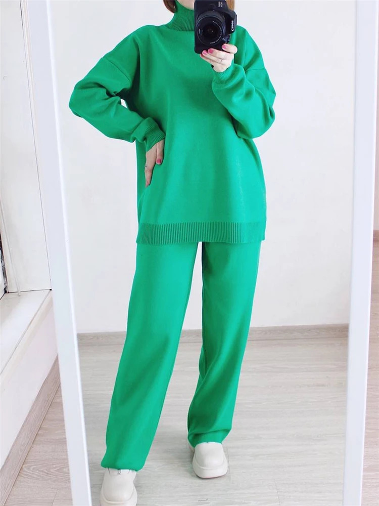 Autumn Winter 2 Pieces Women Sets Knitted Tracksuit Turtleneck Sweater and Straight Jogging Pants Suits 251028