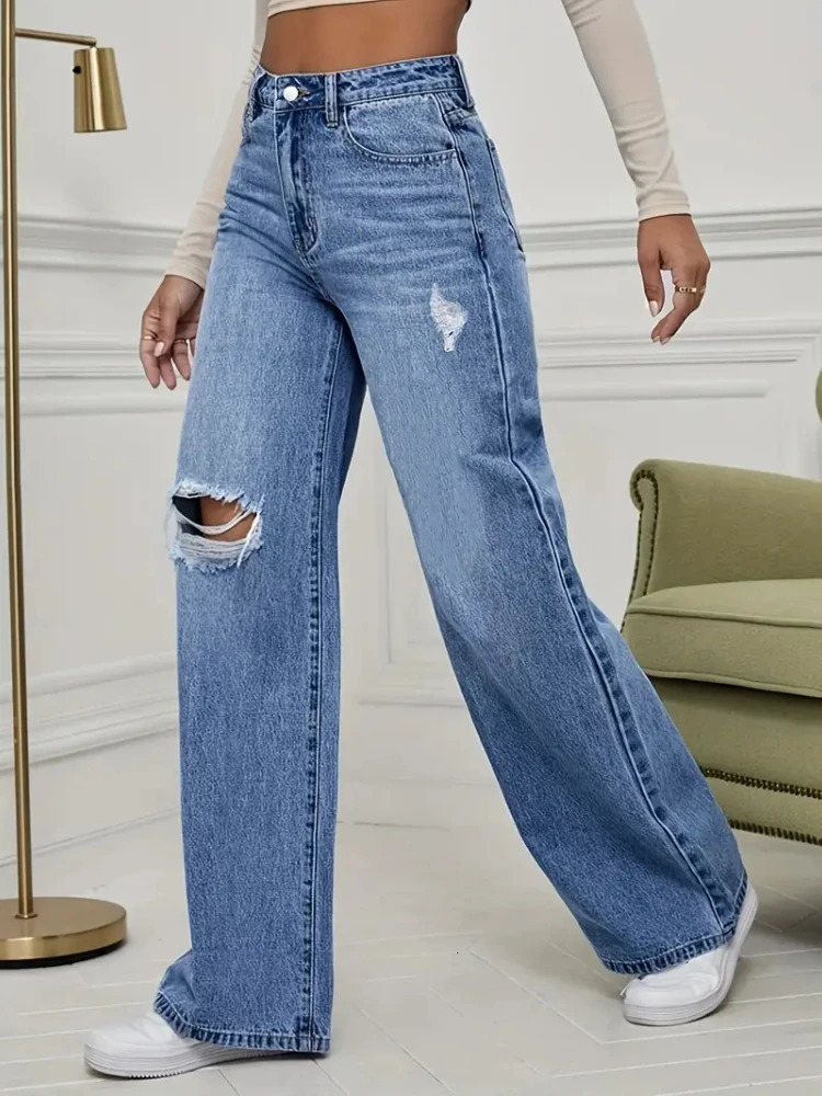 Wide Leg Vintage Distressed Ripped Trousers Denim Pants Womens Jeans Streetwear Washed Pockets Floor Length Hole Jeans 251029
