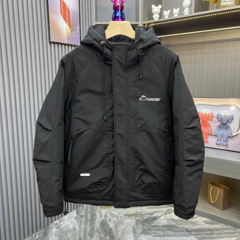 Men's Down Hooded White Duck Jacket Outdoor Multi-Functional Workwear Thick Warm Solid Color Coat Windproof Mountaineering