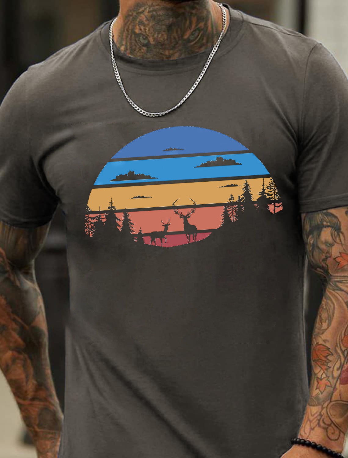 European & American Oversized Vintage Deer and Tree Print Fashionable Men's Cotton Summer T-Shirt - TT7086