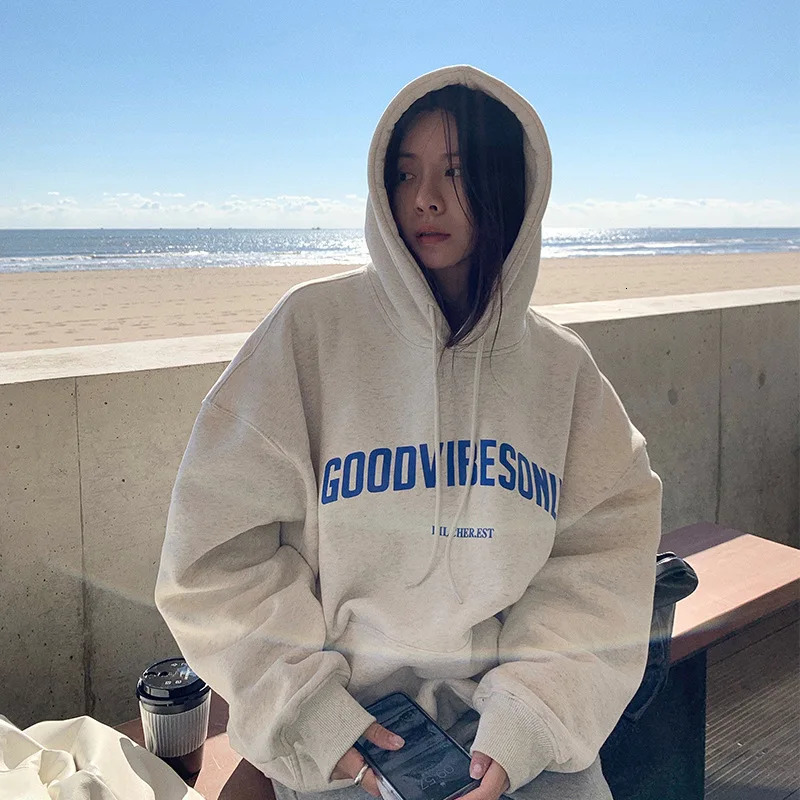 Korean Fashion Loose Sweater Women Autumn Winter 2025 Long Sleeve Hooded Shirt Letter Print Pullover Tops Casual Sweatshirts 251030