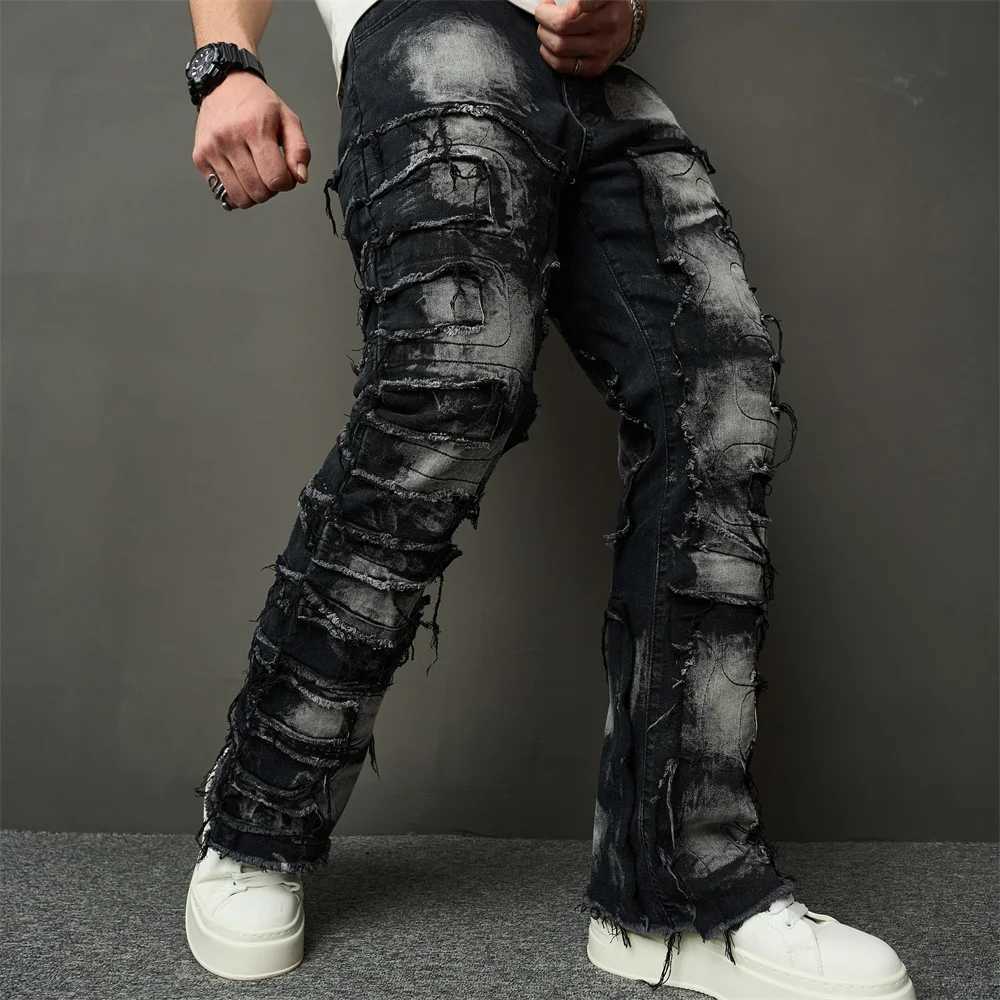 Streetwear HipHop Men Ripped Spliced Patch Straight Jeans Stylish Male Distressed Loose Biker Denim Pants J251030