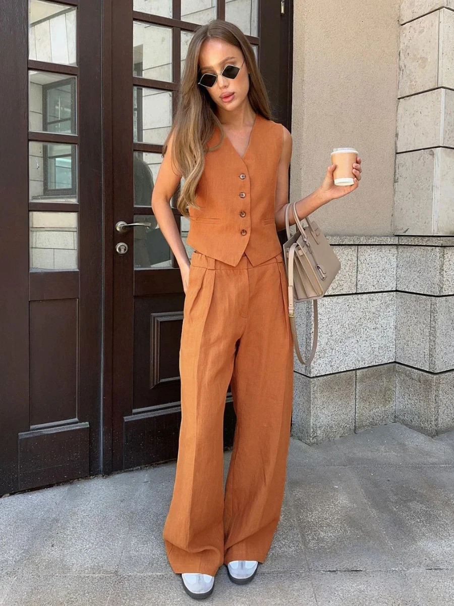 Bronladies Womem Linen Cotton Chic Vest Pants Suit TwoPiece Set Office Ladies Summer Chic 2 Piece Sets Womens Outfits 251029