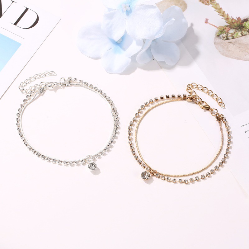 Style Personality Copper Double Layer Inlaid Dia Snake Bone Chain Anklet Women's Beach Foot Jewelry