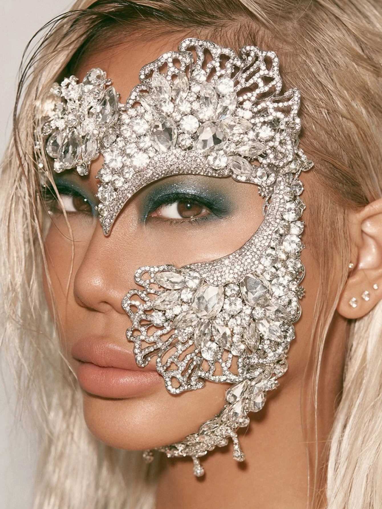 StoneFans Fashionable Crystal Zircon Mask With Exaggerated Personality Halloween Prom Half Rhinestone Stretch Cord FinishW251029