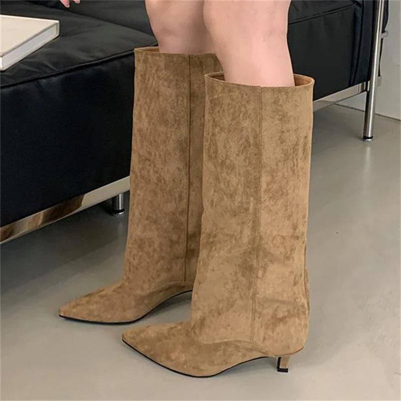 Eilyken Winter Street Style Pointed Toe KneeHigh Boots Women Low Heels Shoes Female Long Booties Zapatos De Mujer 251030