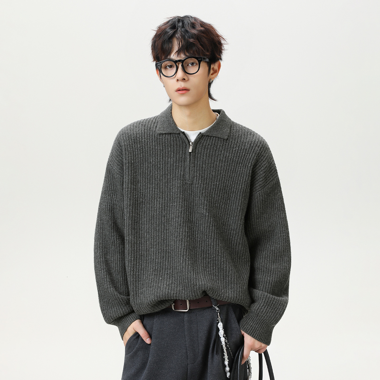 Half-zip Cardigan With Designer Sweater Turn-down Collar For Men Autumn And Winter Style Loose Fit Faux Deer Fur Pullover Knit Sweater Jacket