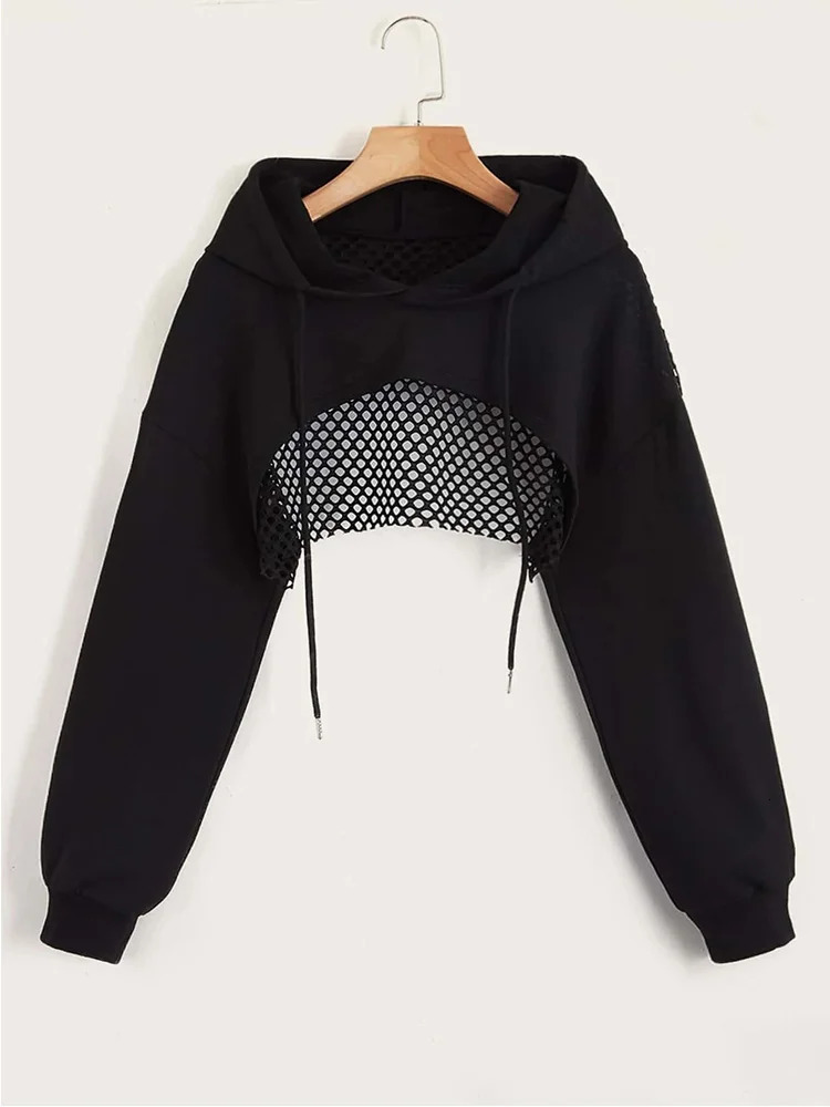 Street Sport Drop Shoulder Drawstring Hollow Out Super Crop Sports Hoodie Without Cami Top 251030