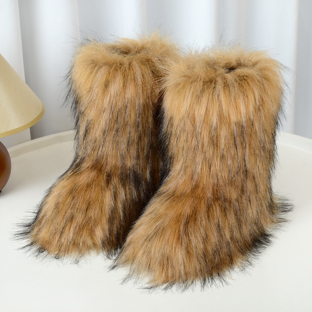 European and American new fur snow boots winter new thick raccoon fox fur midsole boots designer shoes fashionable plus size snow boots