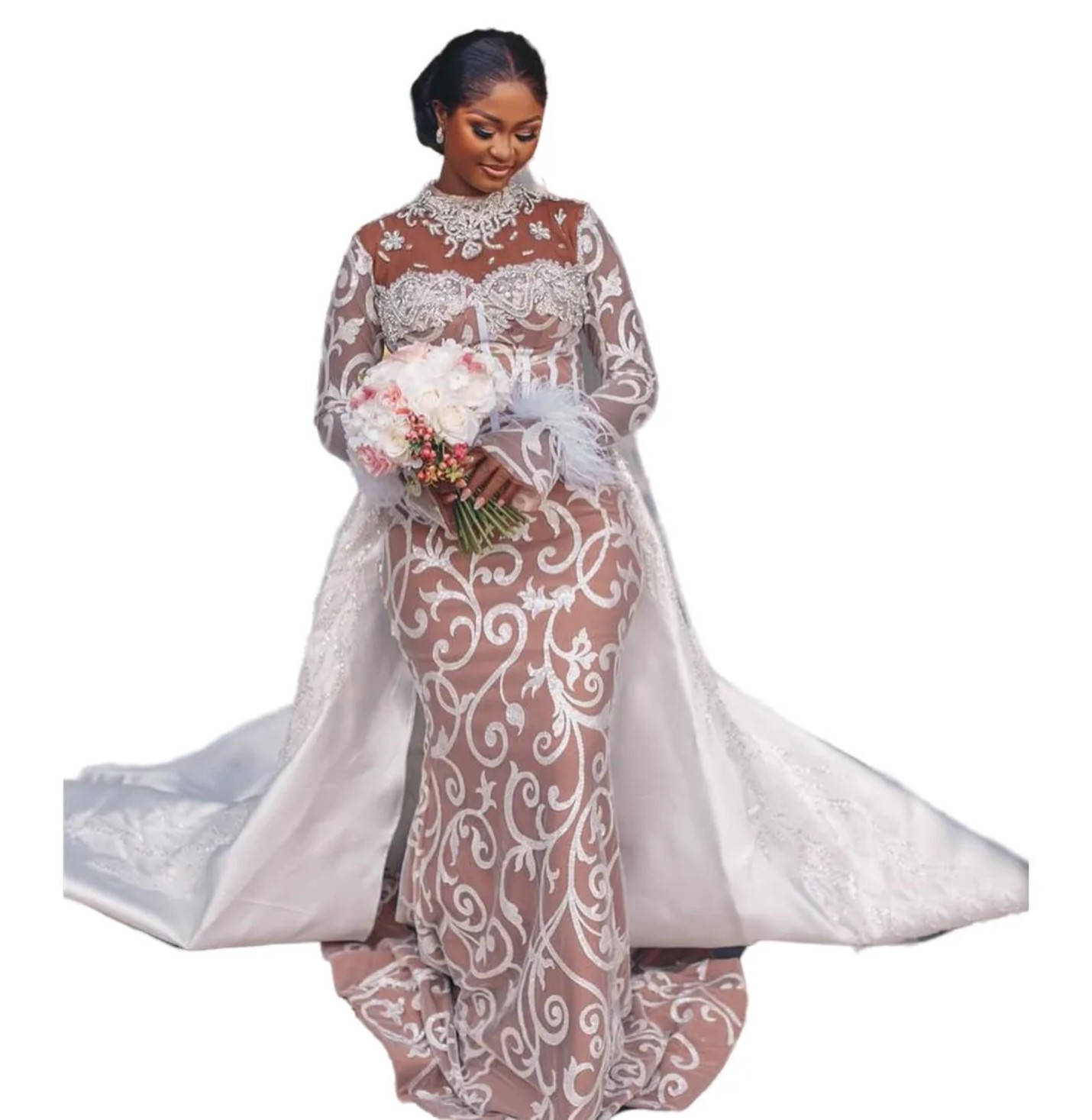 Mermaid Wedding Dresses Ivory Illusion Lace Beaded Crystals Detachable Train Bridal Gowns Dress