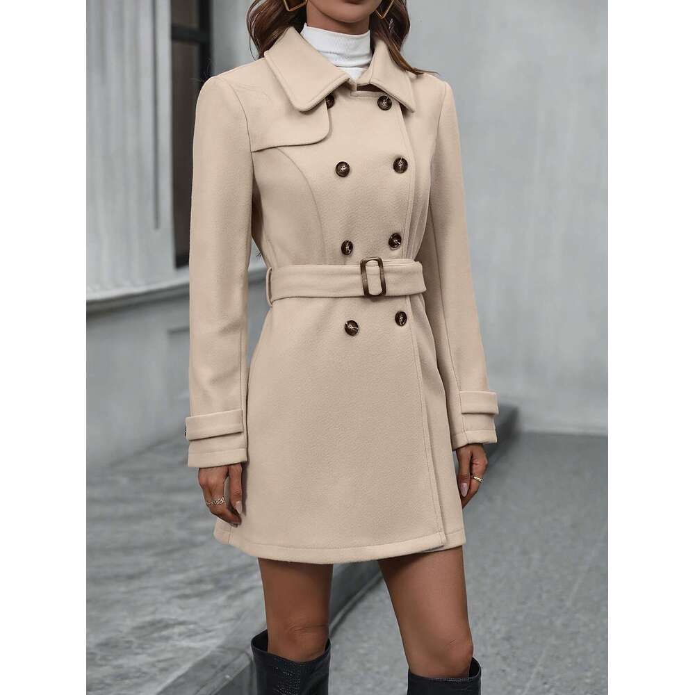 Women S Slim Fit Double Breasted Beige Trench With Button Front Long Sleeves And Flap Pockets Stylish Outerwear For Casual Or Formal Ocns Winter Notch