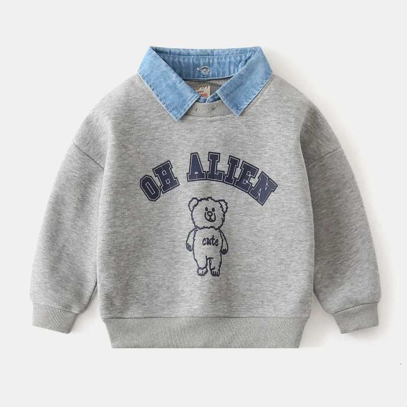 2025 New Style Kids Clothes Pullover Cotton Fake TwoPiece Sweatshirt 27Y Children Boys Girl Bear Print Casual Fleece Lined TopT251030