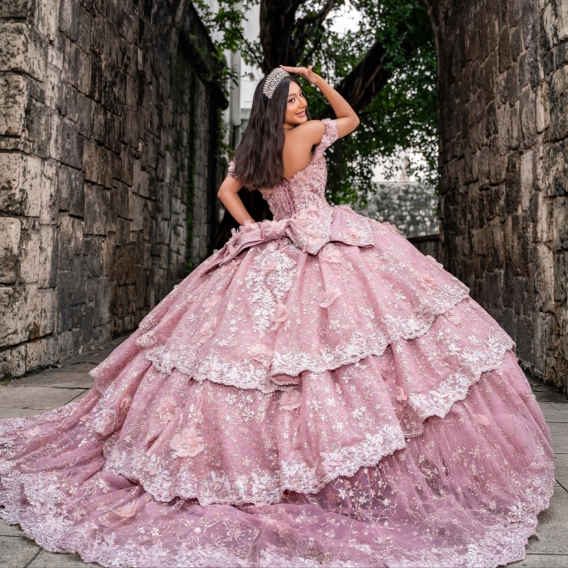 Pink Shiny Quinceanera Dresses Off The Shoulder Sequin Applique Flower Beading Crystal Bow Party Birthday Sweet 16 Dress Vestidos 15 Anos